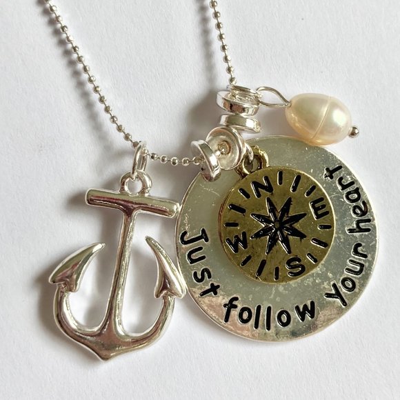 Nautical Compass Anchor Pearl Pendant Necklace Silver Plated 19" Freshwater - Picture 9 of 12